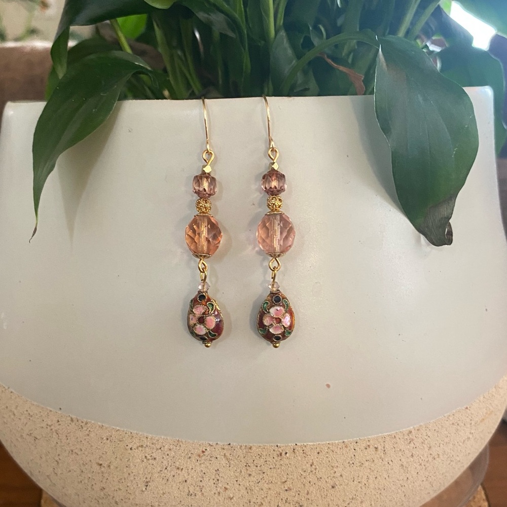 Pink Vintage Glass & Cloisonné Bead Earrings